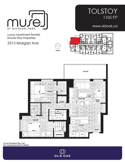 Floor plan for 2 beds, 2 baths, 1105 sqft
